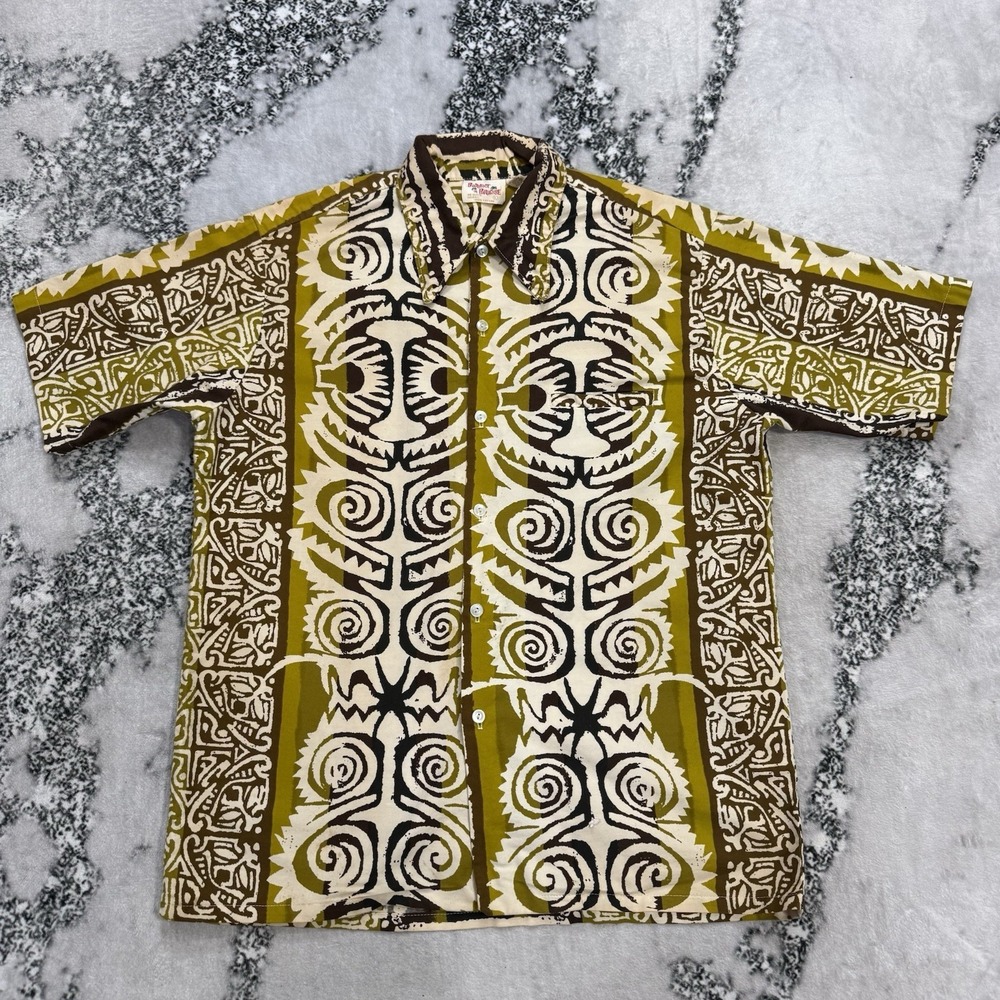Barefoot In Paradise Hawaiian Shirt Mens Large Aloha Tribal Print 100% Cotton